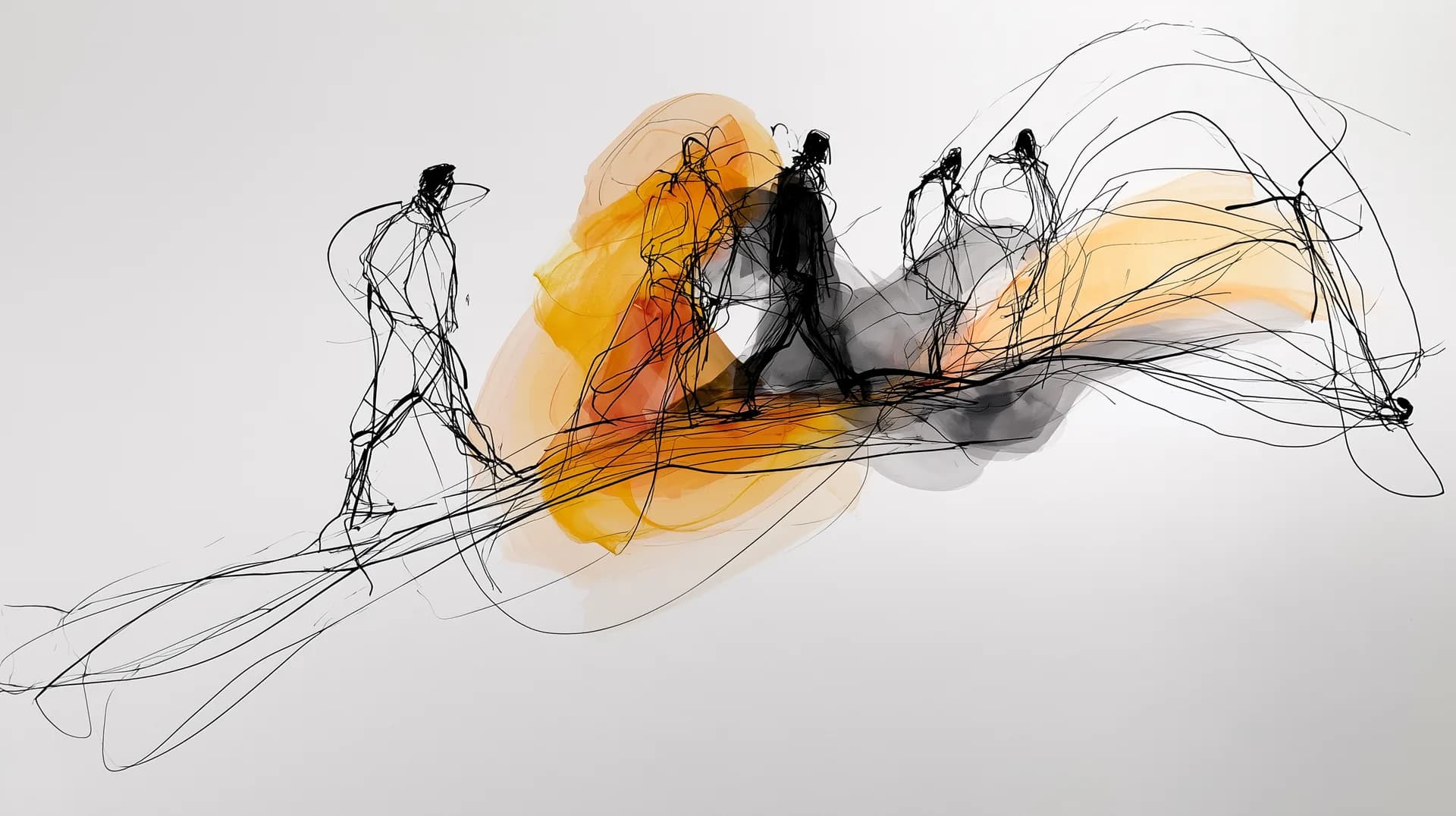 Panoramic architectural ink sketch of the fivefold ministry journeying across an open horizon